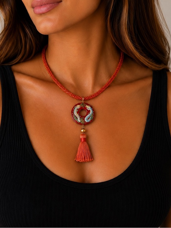 Jewelry - Vintage Style Dragon Phoenix Enamel Orange Beaded Tassel Statement Necklace